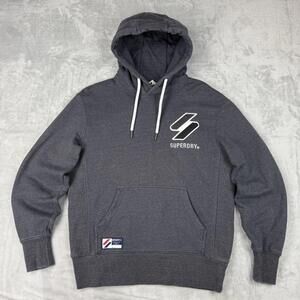 Superdry Grey Pullover Hoodie Logo Pocket Men Sz L Heavy Fleece Relax Streetwear